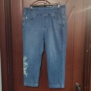 Belle by Kim Gravel Blue Cropped Jeans with Leaf Embroidery